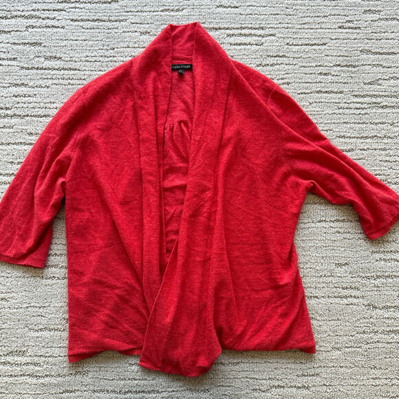 Eileen Fisher Large Pink Coral 100% Cashmere 3/4 Sleeve Cardigan Sweater W/hole - Picture 4 of 15